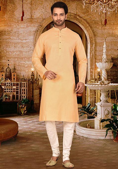 Beige Solid Cotton Kurta Pyjama Set For Men