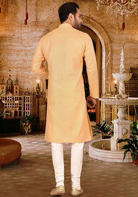 Beige Solid Cotton Kurta Pyjama Set For Men