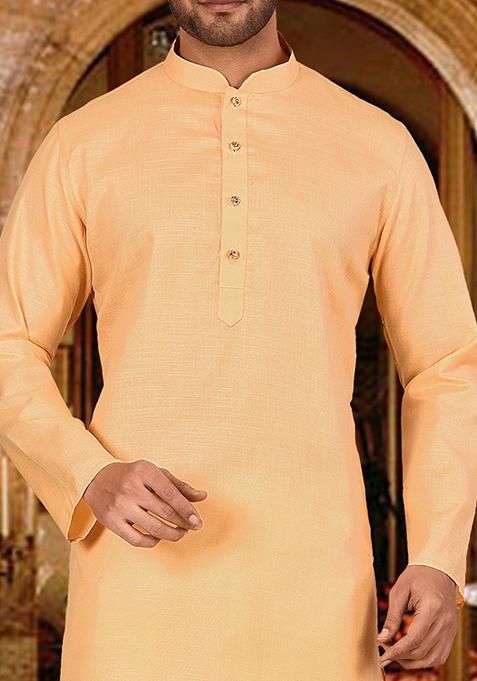 Beige Solid Cotton Kurta Pyjama Set For Men
