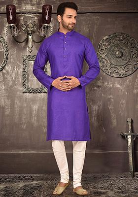 Purple Solid Cotton Kurta Pyjama Set For Men