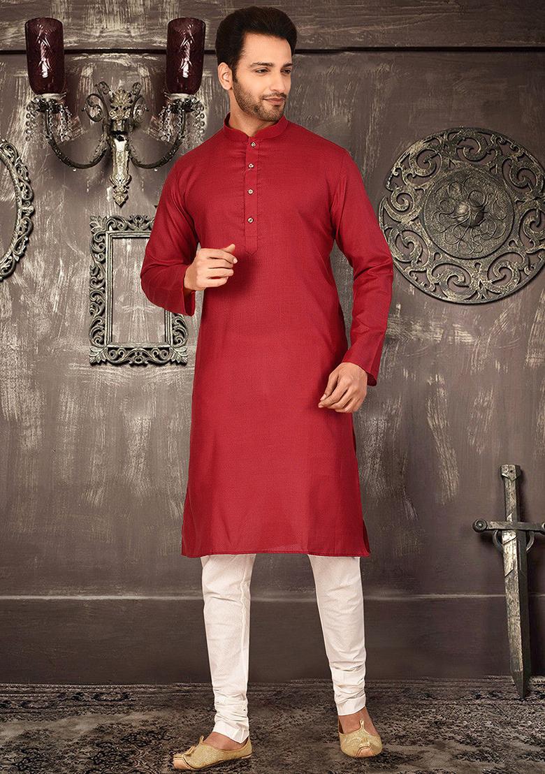Red Solid Cotton Kurta Pyjama Set For Men
