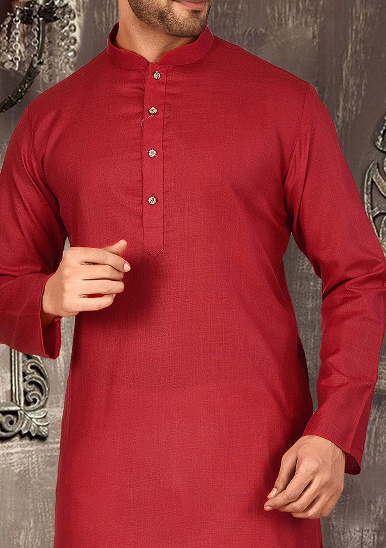Red Solid Cotton Kurta Pyjama Set For Men