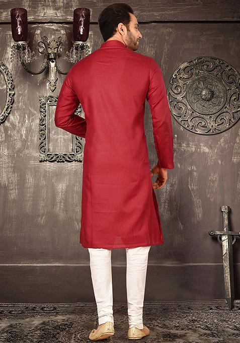 Red Solid Cotton Kurta Pyjama Set For Men