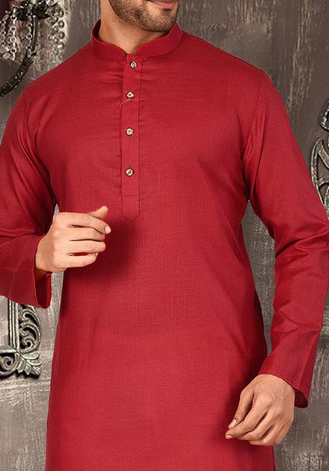 Red Solid Cotton Kurta Pyjama Set For Men