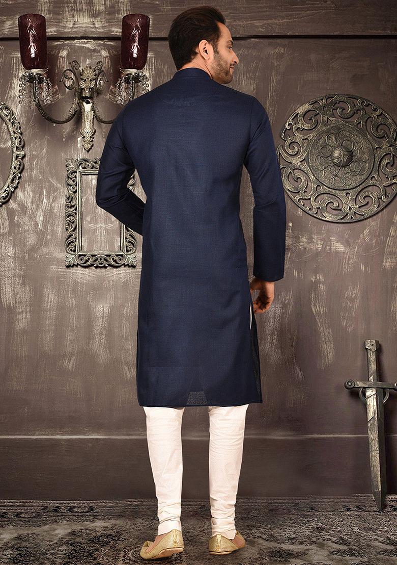 Blue Solid Cotton Kurta Pyjama Set For Men