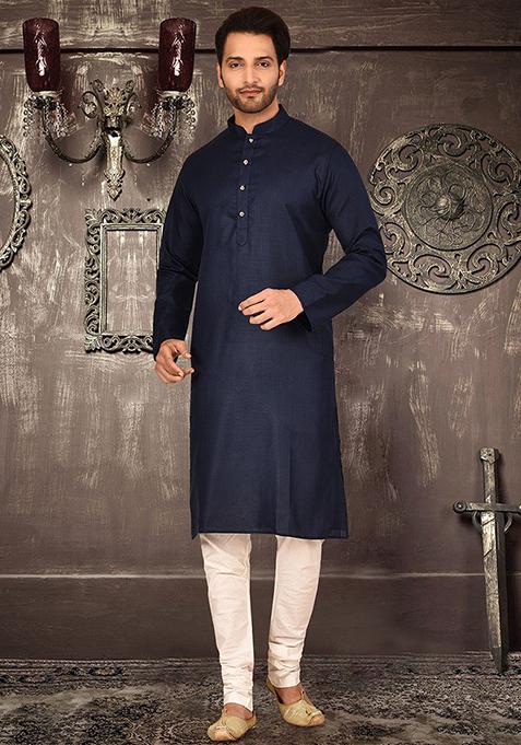 Blue Solid Cotton Kurta Pyjama Set For Men