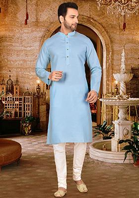 Sky Blue Solid Cotton Kurta Pyjama Set For Men
