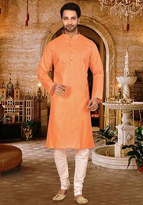 Peach Solid Cotton Kurta Pyjama Set For Men