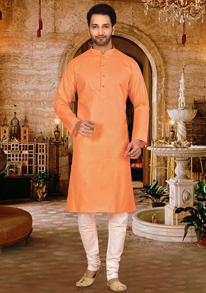 Peach Solid Cotton Kurta Pyjama Set For Men