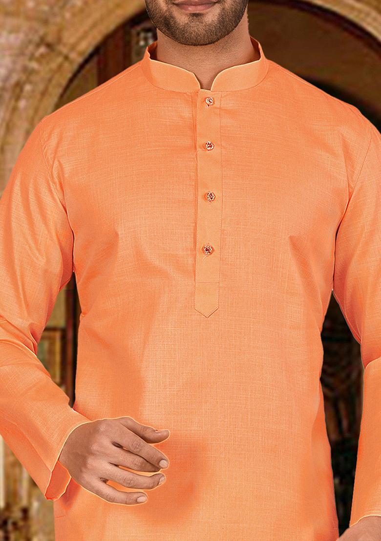 Peach Solid Cotton Kurta Pyjama Set For Men