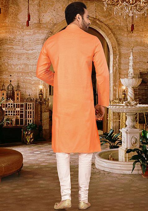 Peach Solid Cotton Kurta Pyjama Set For Men