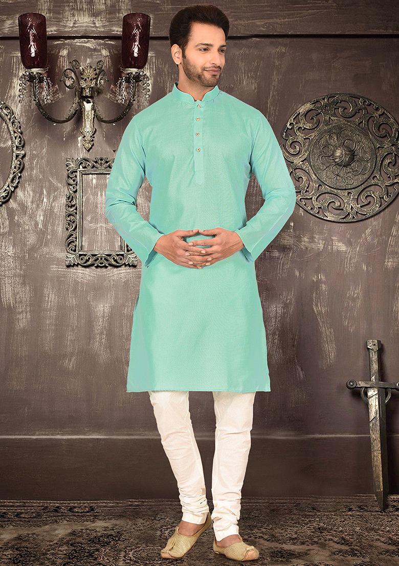 Sea Green Solid Cotton Kurta Pyjama Set For Men