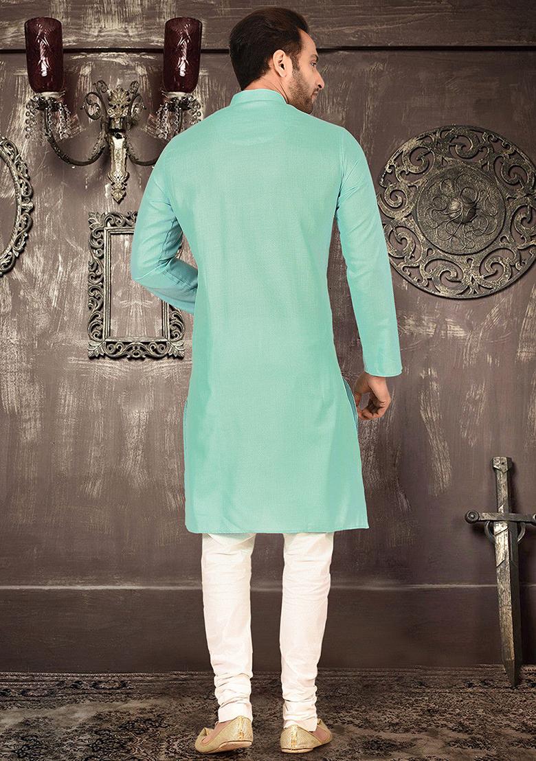 Sea Green Solid Cotton Kurta Pyjama Set For Men