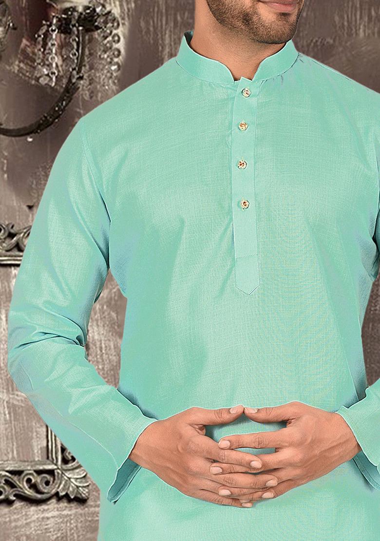 Sea Green Solid Cotton Kurta Pyjama Set For Men