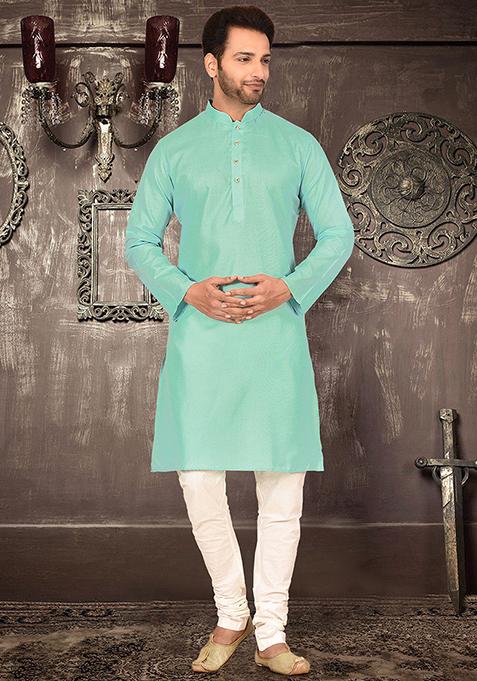 Sea Green Solid Cotton Kurta Pyjama Set For Men