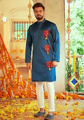 Teal Blue Printed Embroidered Gajji Silk Kurta For Men