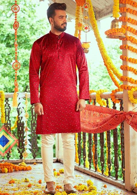 Maroon Printed Gajji Silk Kurta For Men