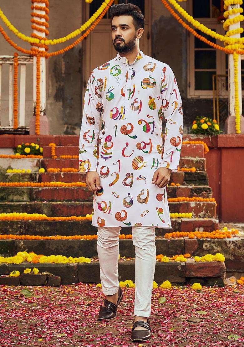White Printed Art Silk Kurta For Men - Indya