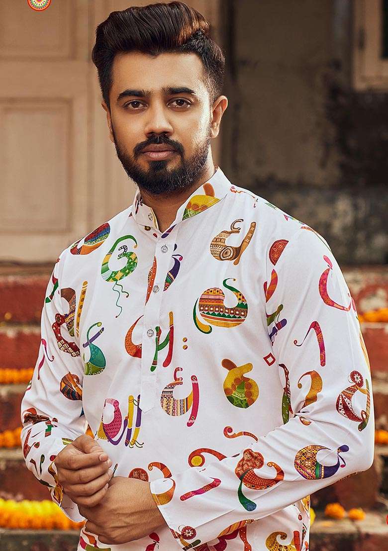 White Printed Art Silk Kurta For Men - Indya