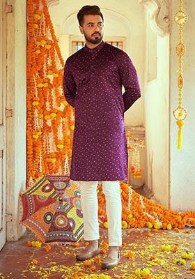 Purple Printed Gajji Silk Kurta For Men