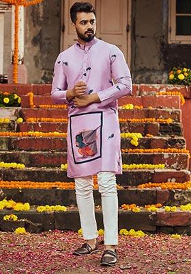 Dusty Pink Printed Art Silk Kurta For Men