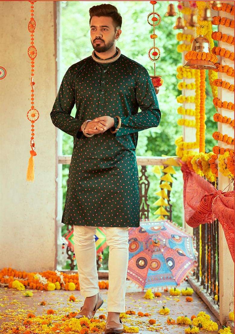 Green Printed Gajji Silk Kurta For Men - Indya