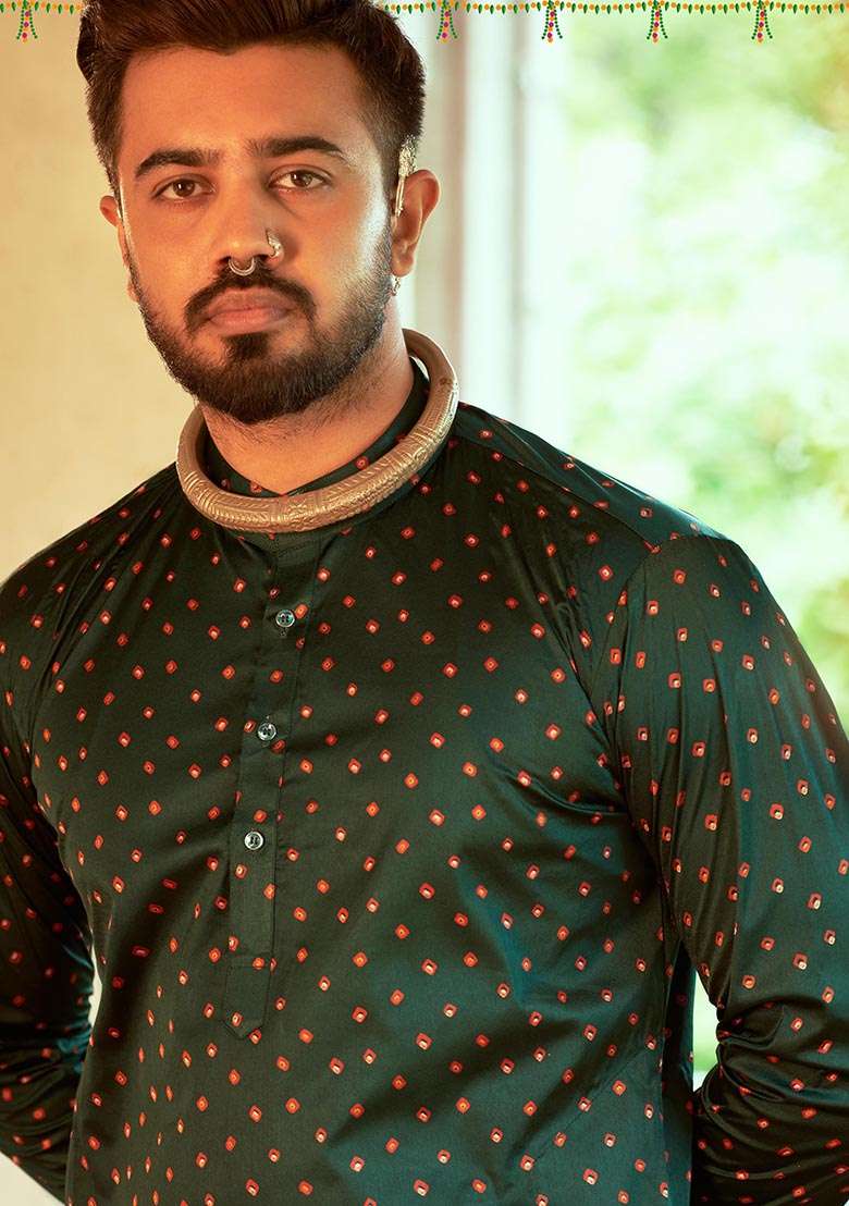 Green Printed Gajji Silk Kurta For Men - Indya