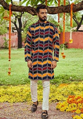 Multicolor Printed Art Silk Kurta For Men