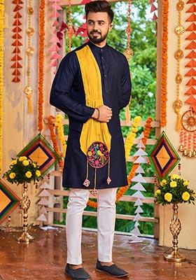 Navy Blue Embroidered Art Silk Kurta For Men