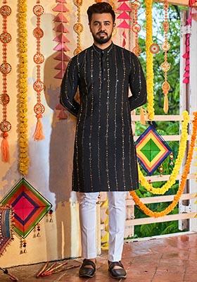 Black Mirror Embroidered Art Silk Kurta For Men