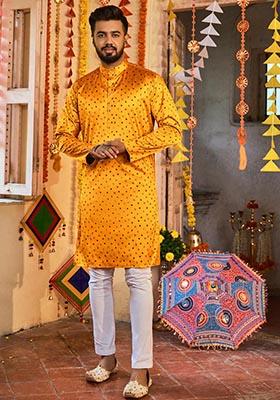 Yellow Printed Gajji Silk Kurta For Men