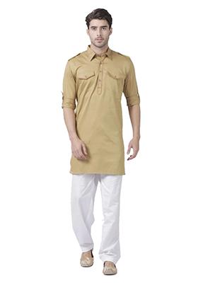Beige Solid Cotton Kurta Pyjama Set For Men