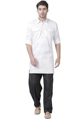 White Solid Cotton Kurta Pyjama Set For Men