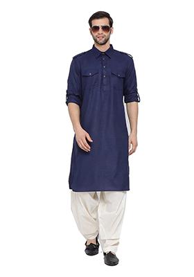Navy Blue Solid Cotton Kurta Pyjama Set For Men