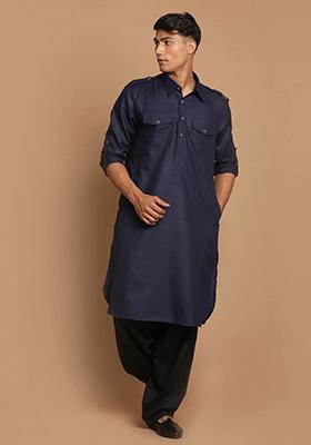 Navy Blue Solid Cotton Kurta Pyjama Set For Men