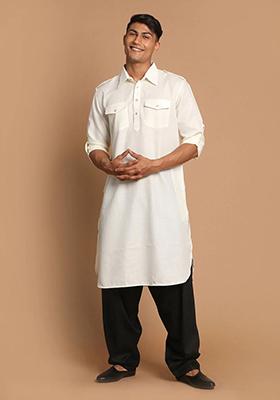 Off White Solid Cotton Kurta Pyjama Set For Men