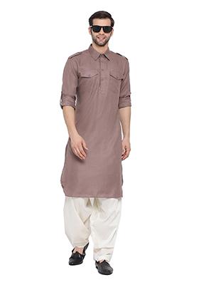 Brown Solid Cotton Kurta Pyjama Set For Men