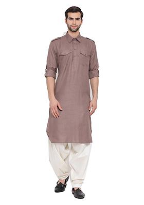 Brown Solid Cotton Kurta Pyjama Set For Men