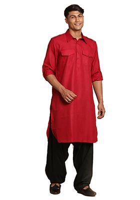 Red Solid Cotton Kurta Pyjama Set For Men