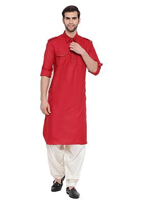 Red Solid Cotton Kurta Pyjama Set For Men