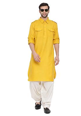 Yellow Solid Cotton Kurta Pyjama Set For Men