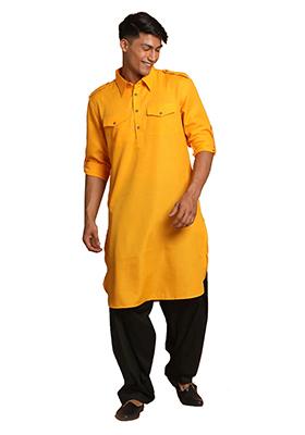 Yellow Solid Cotton Kurta Pyjama Set For Men