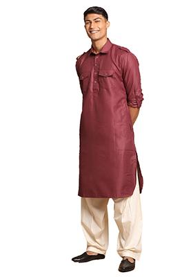 Wine Solid Cotton Kurta Pyjama Set For Men