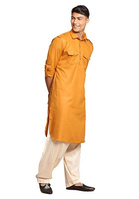 Mustard Solid Cotton Kurta Pyjama Set For Men
