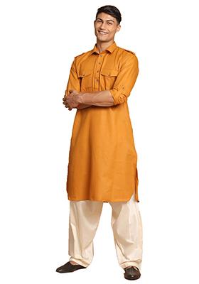 Mustard Solid Cotton Kurta Pyjama Set For Men