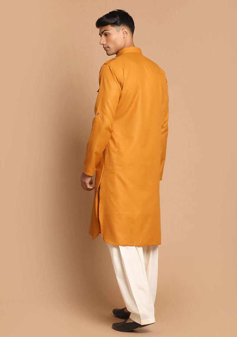 Mustard Solid Cotton Kurta Pyjama Set For Men