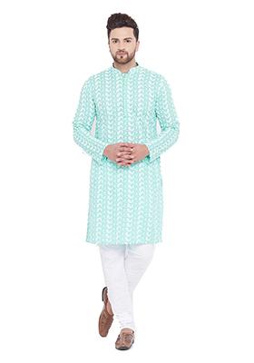 Aqua Blue Embroidered Cotton Kurta Pyjama Set For Men