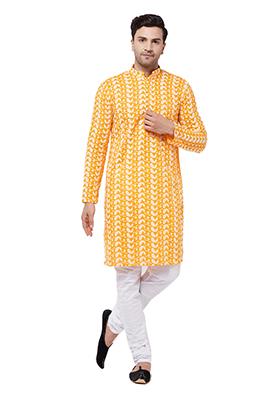 Yellow Embroidered Cotton Kurta Pyjama Set For Men