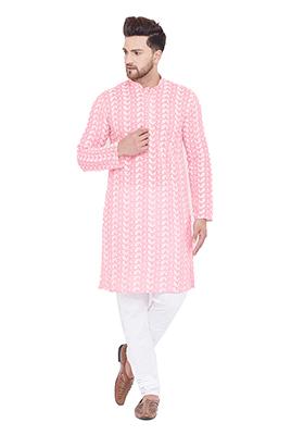 Pink Embroidered Cotton Kurta Pyjama Set For Men
