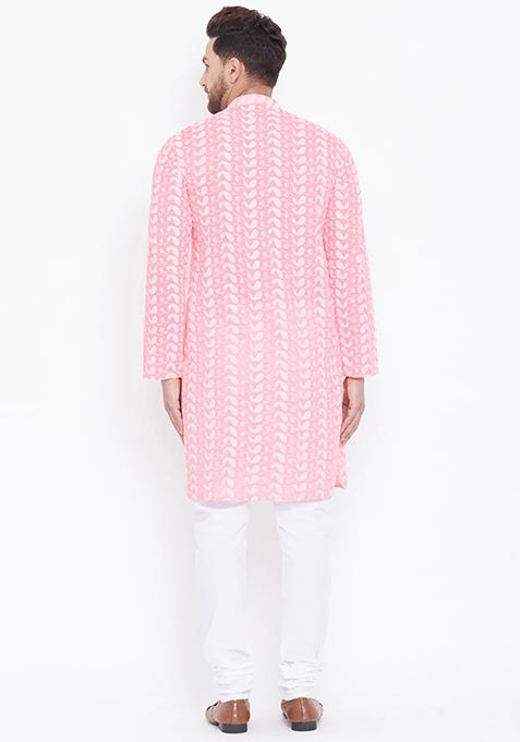 Pink Embroidered Cotton Kurta Pyjama Set For Men